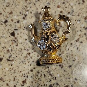 Vintage Gold Teapot Brooch with Silver Accents